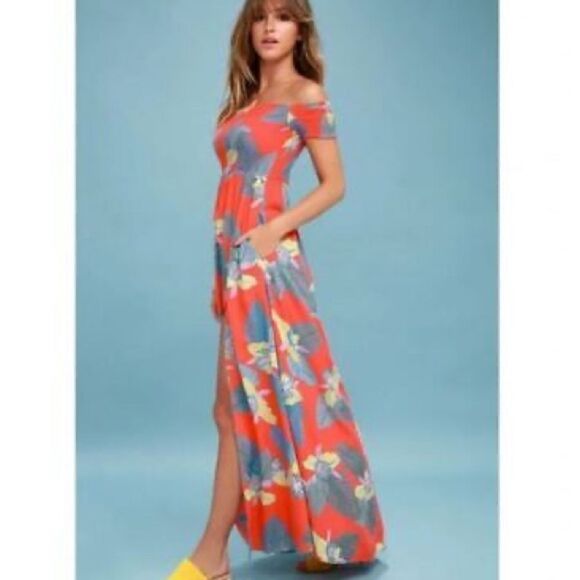 LULU'S Patsy Tropical Floral Smocked Off-Shoulder Maxi Dress Size L - Picture 3 of 12